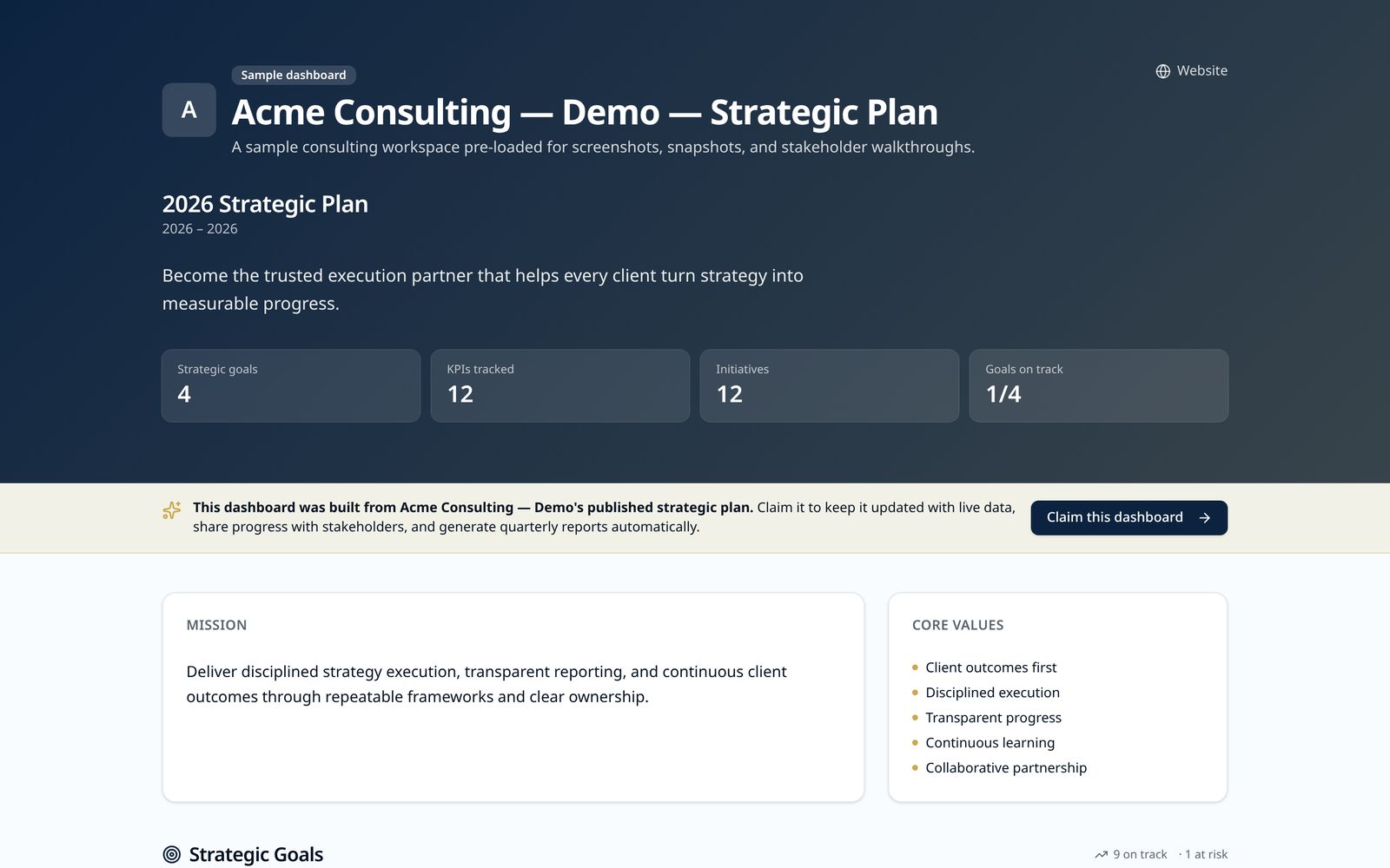 A public StrategyHub progress page showing an organization's plan progress, goals and measures for stakeholders without logins